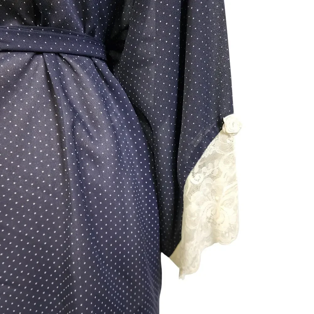 Amelias Womens Vintage Sheer Polka Dot Robe Size Large Navy Blue White Lace Cuff